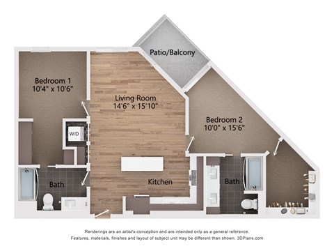 Floor plan for 2 beds, 2 baths, 1006 sqft